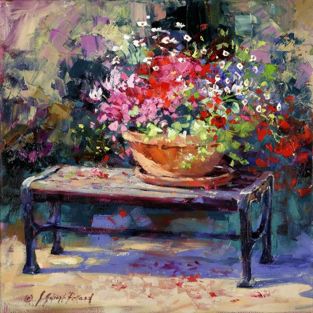 Color Bowl on Park bench by Julie Gilbert Pollard - oil on canvas 24X20