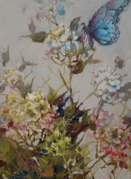 NOAPS Hardy Blue Butterfly and Geraniums , Oil, 16 x 12, Holder Dane Gallery