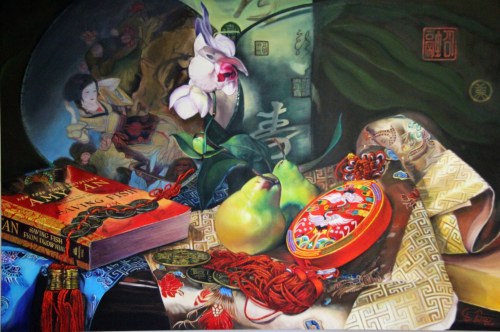 NOAPS Pitts East Meets West-Chi Fusion Series, oil on canvas, 48x72 inches, collection of the artist